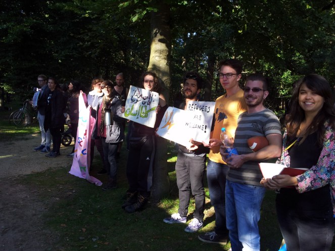 Welcoming first inhabitants of refugee camp Heumensoord on 2 October 2015